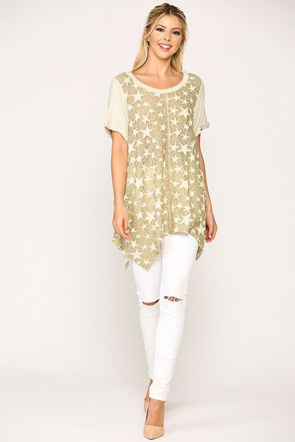 Star Textured Knit Mixed Tunic Top With Shark Bite Hem