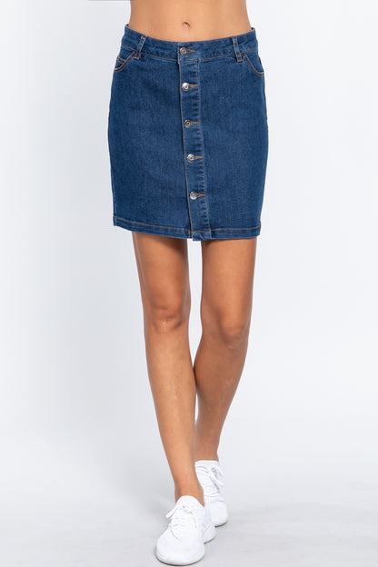 Buttoned Stretch Denim Mini Skirt