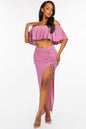 Solid Ity Off The Shoulder Ruffled Cropped Top And Ruched Maxi Skirt Two Piece Set