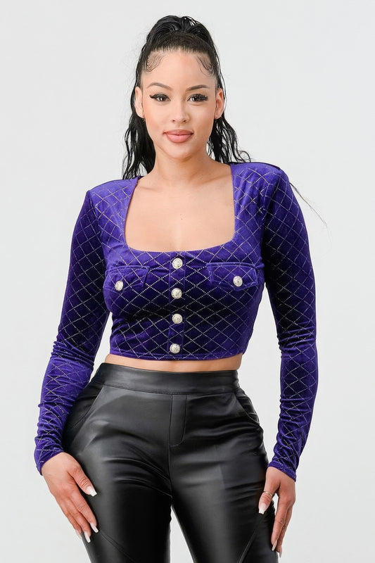 Lux Diamond Velvet Buttons Open Back Cropped Top