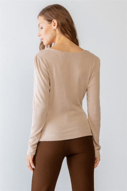 Sand Ribbed V-neck Long Sleeve Soft To Touch Top