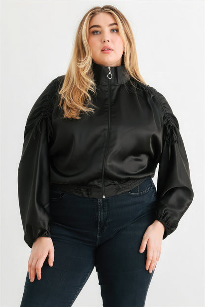 Plus Satin Zip-up Ruched Long Sleeve Cropped Bomber Jacket