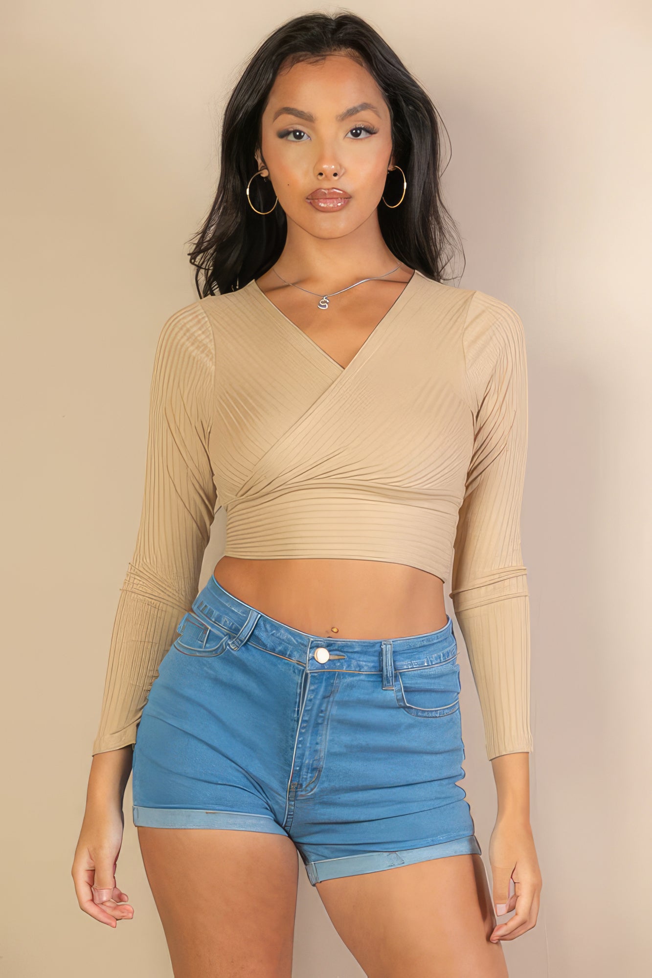 Ribbed Wrap Front Long Sleeve Top