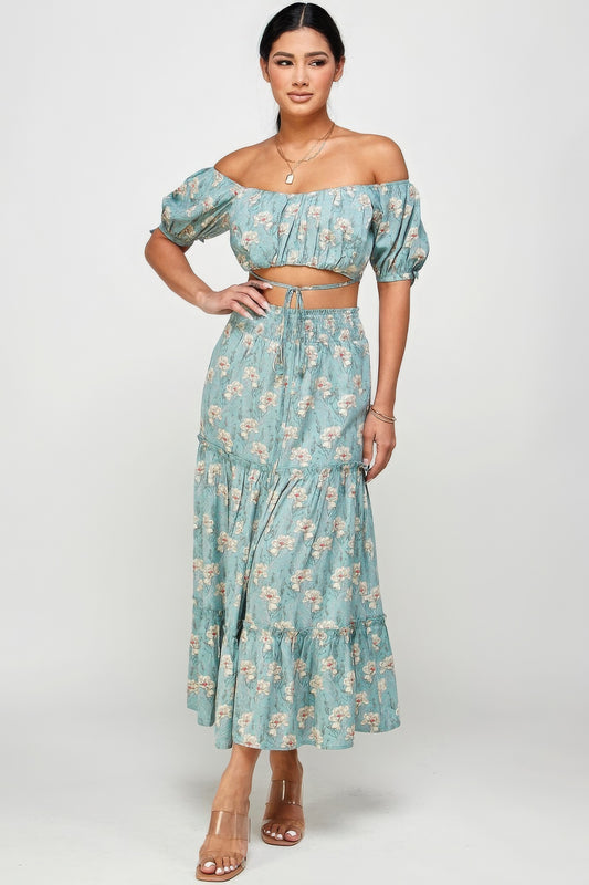 Floral Off Shoulder Sleeve Back Tie Top Skirt Set