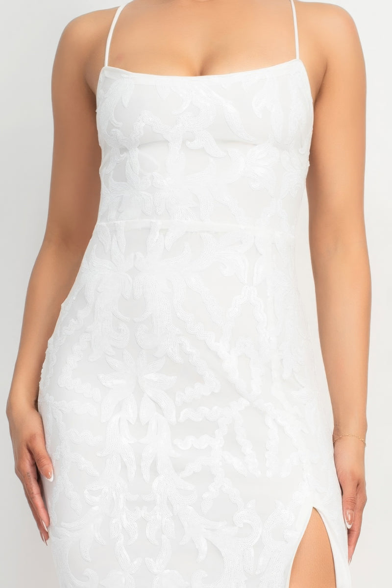 White Sequin Back-crisscross Tie Slit Dress