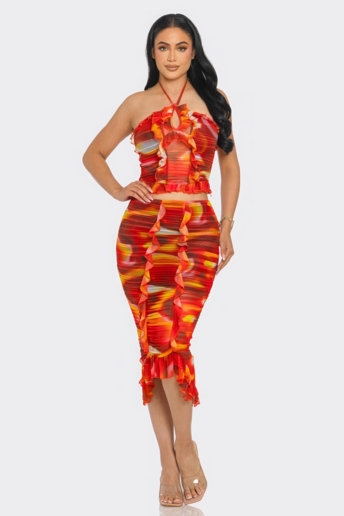 Tropical Waters Print Mesh Ruffle Halter Skirt Set