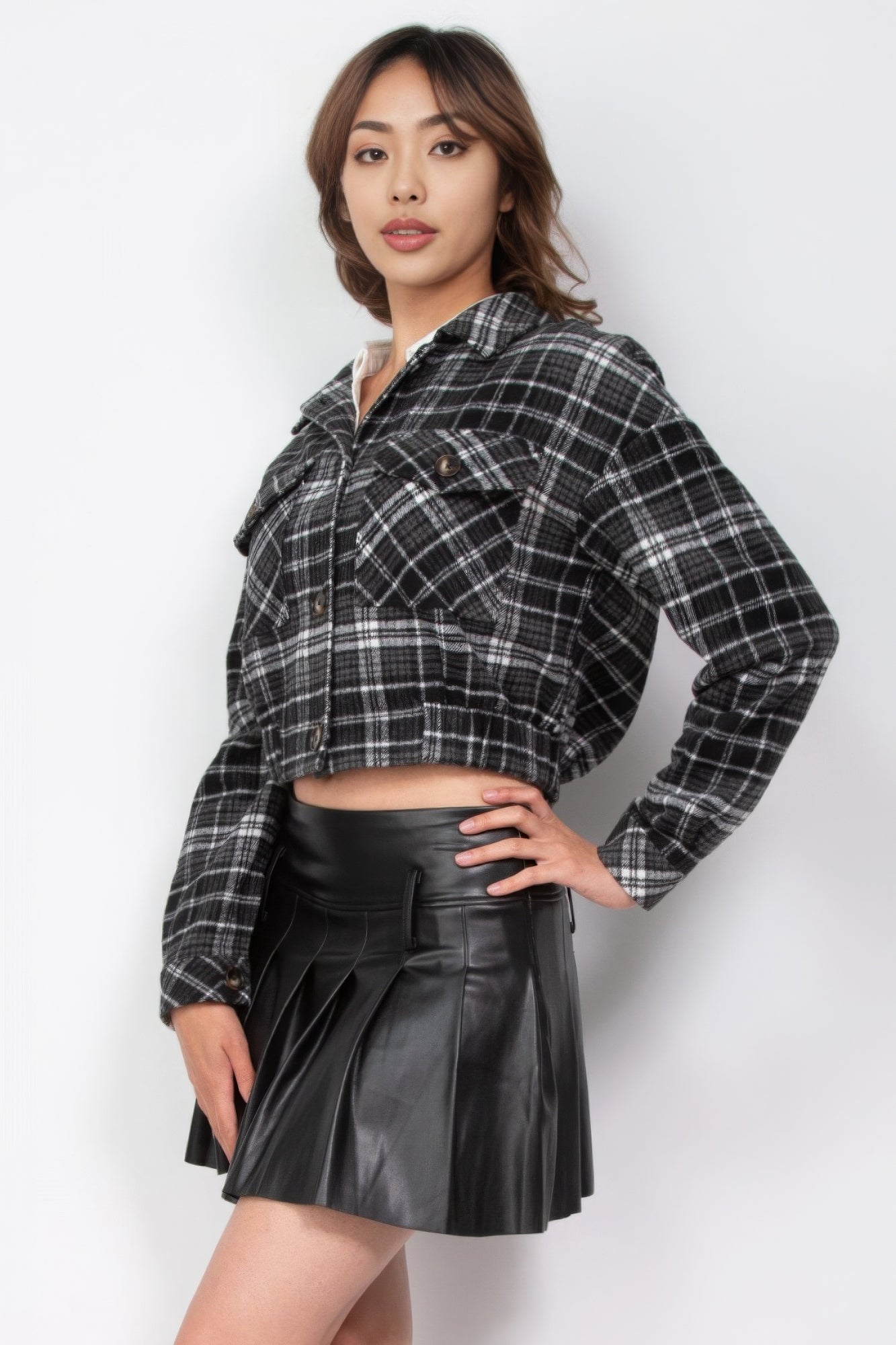 Plaid Button-down Crop Jacket