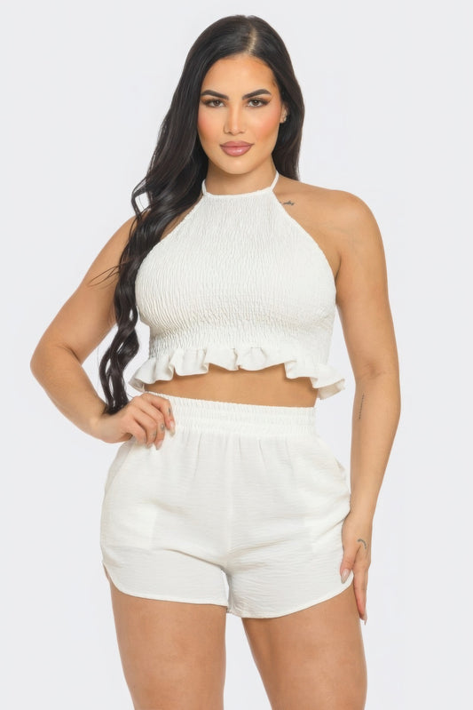 Front Smocking Detail Halter Top And Shorts Set