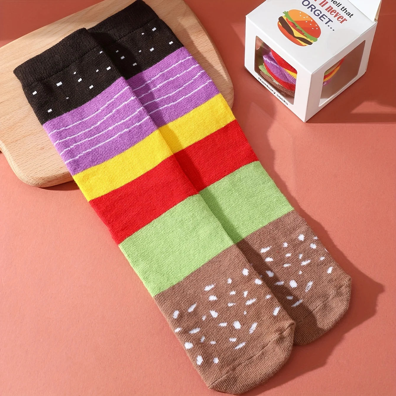 A unique pair of hamburger-patterned socks