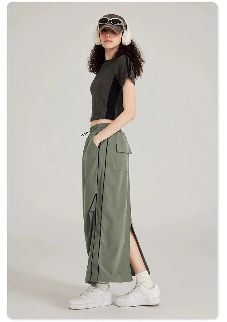 Instant Pleated Split Woven Long Skirt