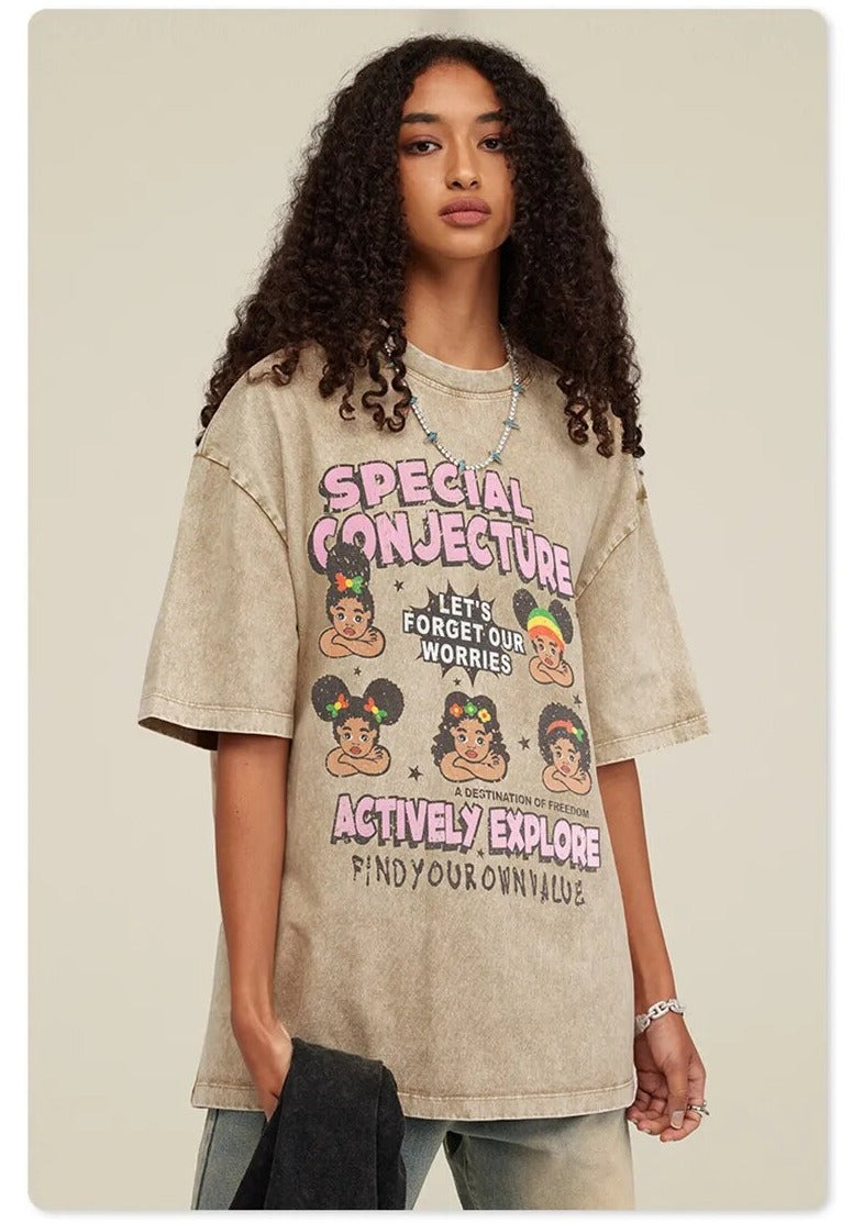 Special Conjecture Vintage Unisex Oversized Washed Cartoon Print T-Shirt