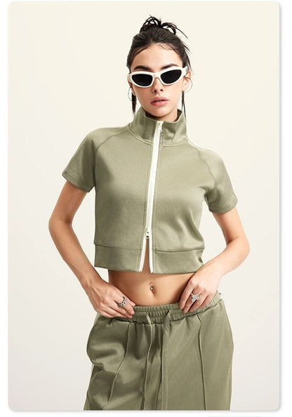 Crop Turtleneck Zipper Short Sleeve Jacket