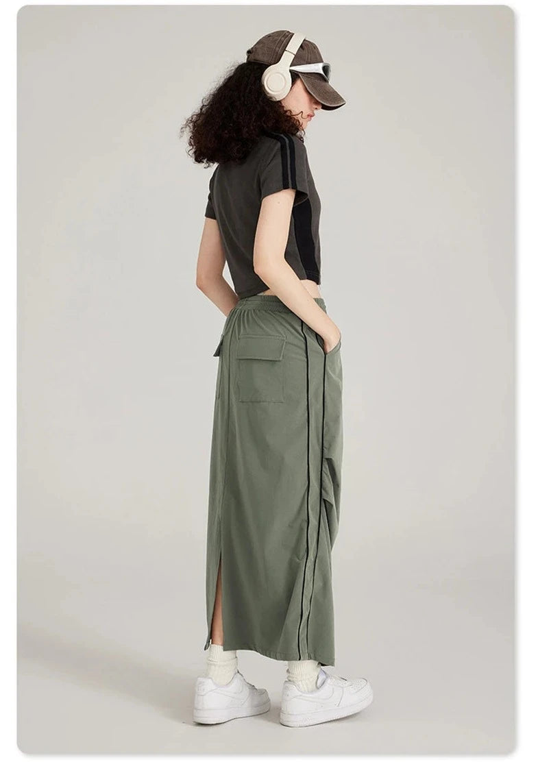 Instant Pleated Split Woven Long Skirt