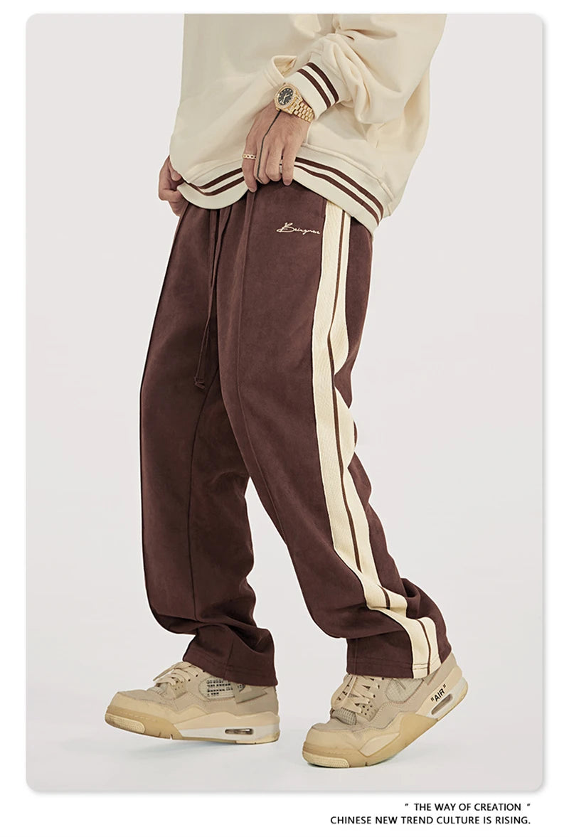 Suede Unisex Loose Comfortable Stripe Pant