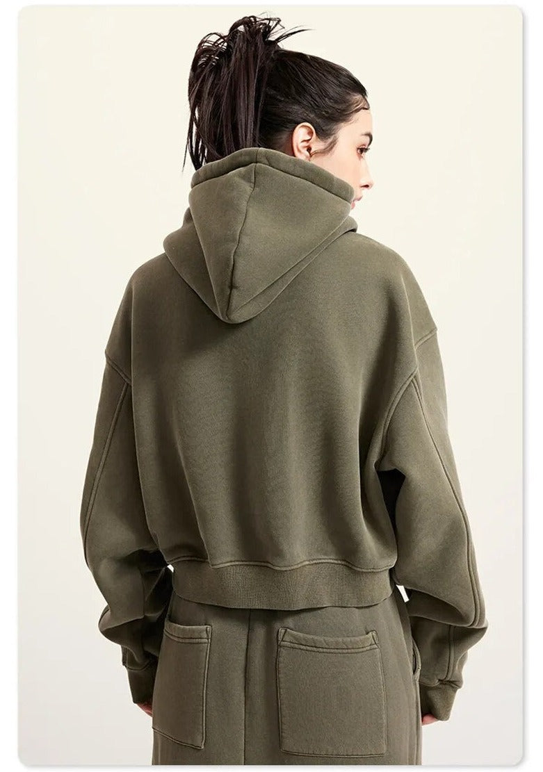 Thick Fleece Cropped Zipper Hoodie