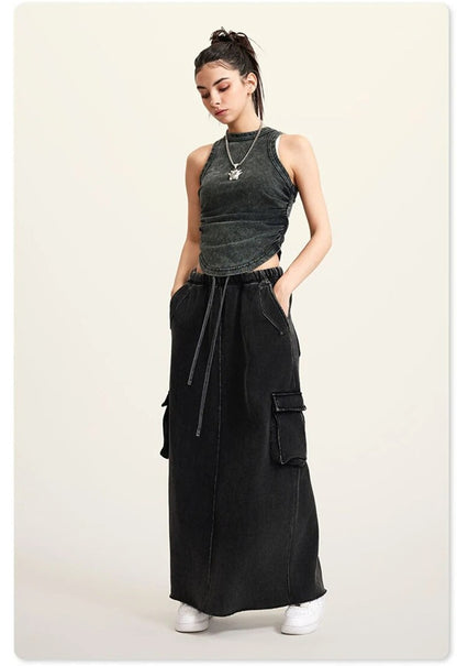 Retro Vintage Washed Fleece Long Skirt