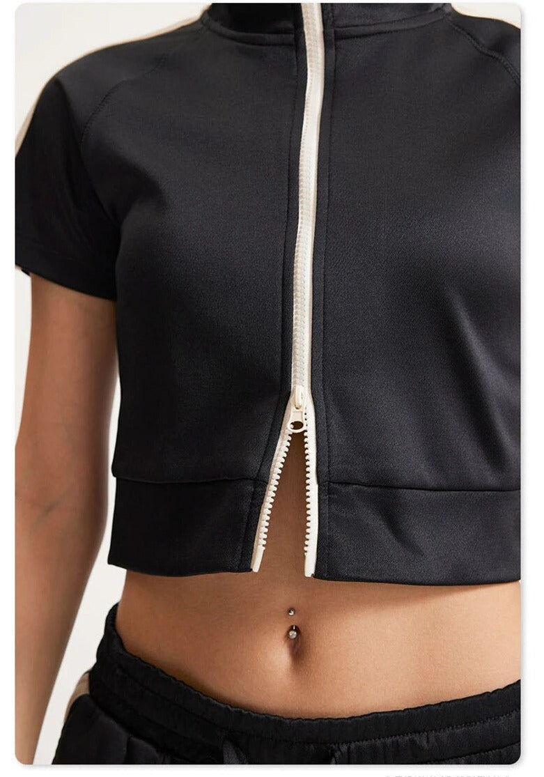 Crop Turtleneck Zipper Short Sleeve Jacket