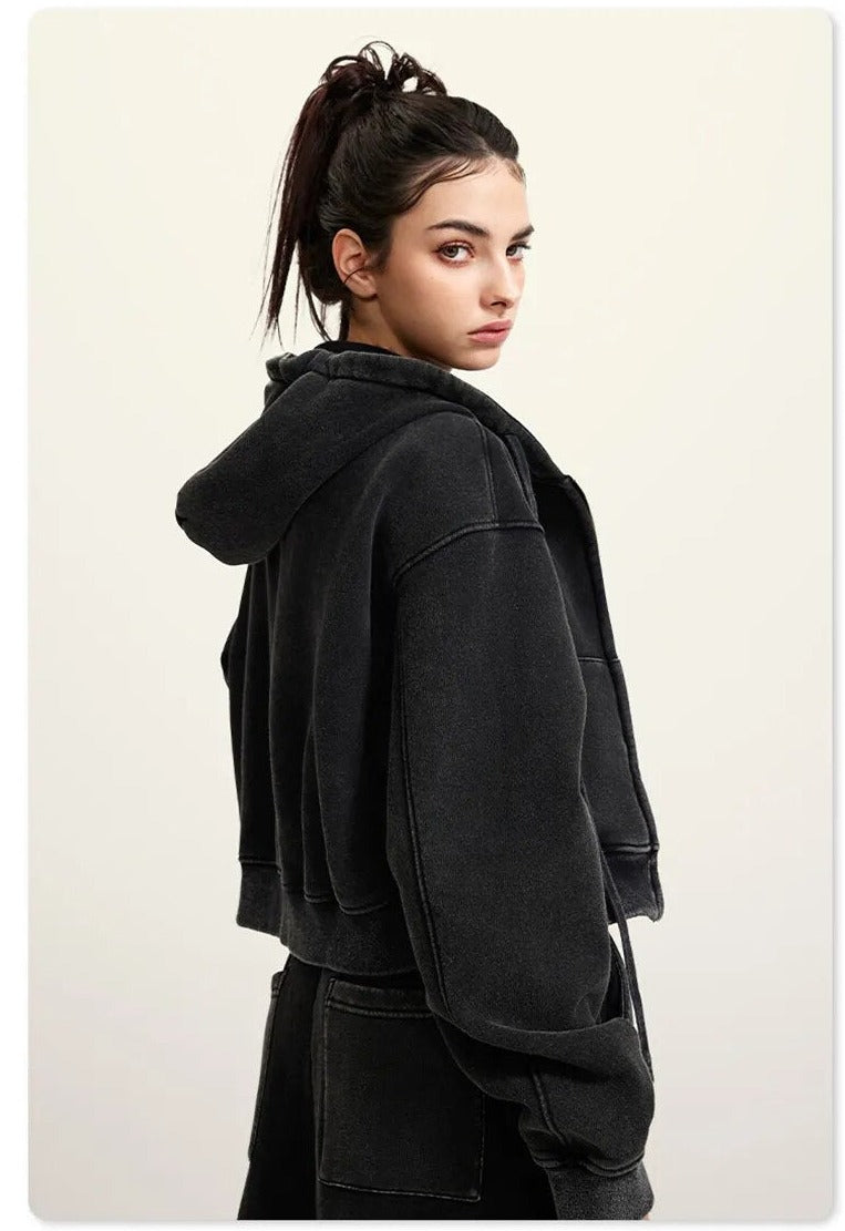 Thick Fleece Cropped Zipper Hoodie