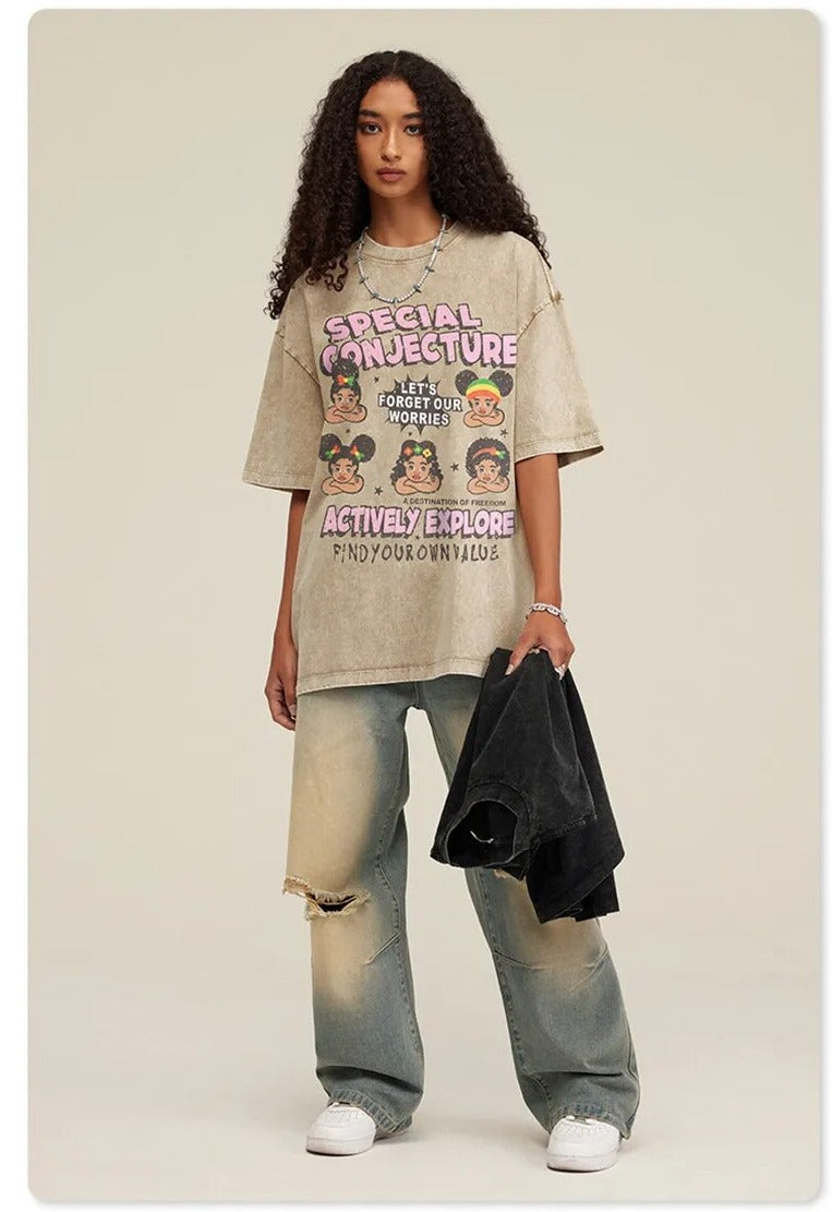 Special Conjecture Vintage Unisex Oversized Washed Cartoon Print T-Shirt