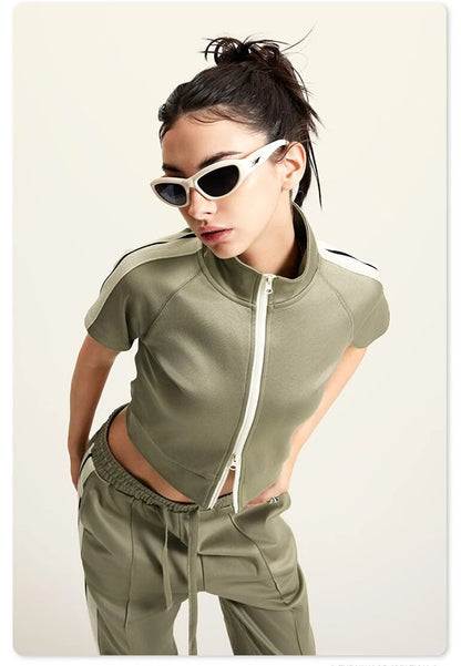 Crop Turtleneck Zipper Short Sleeve Jacket