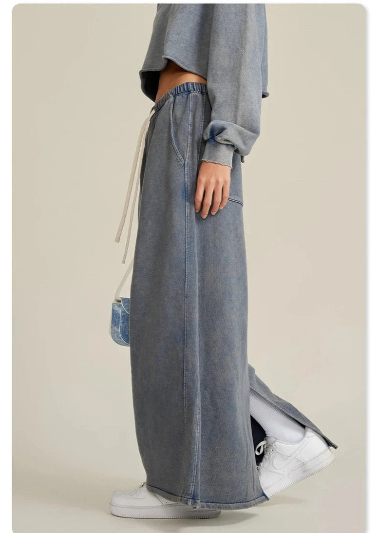 Washed Cotton Loose Slit Long Skirt