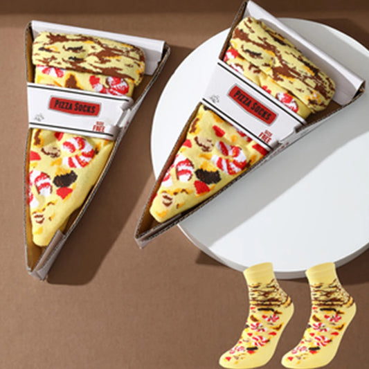 A pair of unique colorful pizza-patterned socks