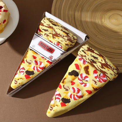 A pair of unique colorful pizza-patterned socks