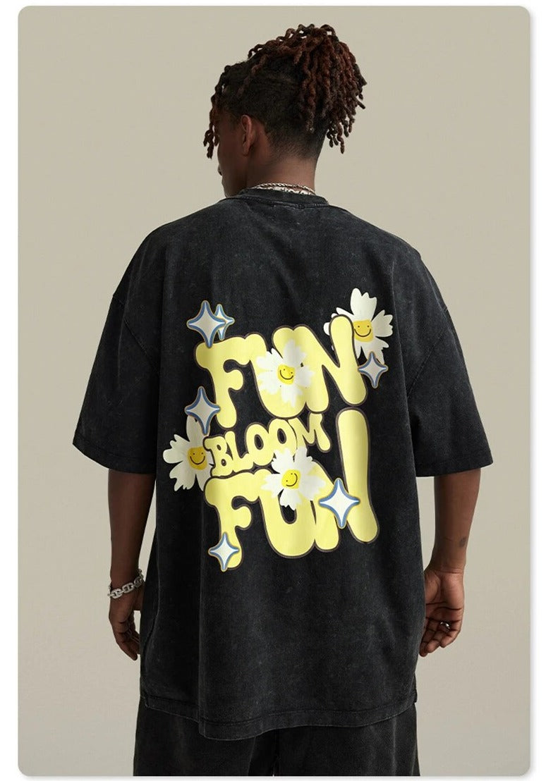 Flower Print American Retro Unisex Washed Cotton T-Shirt