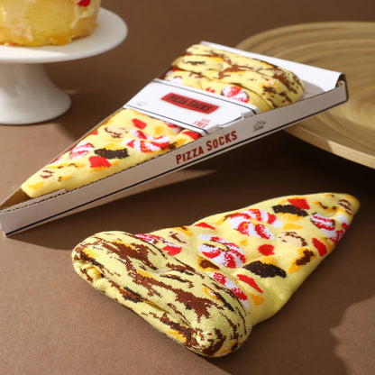 A pair of unique colorful pizza-patterned socks