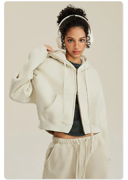 Thick Fleece Cropped Zipper Hoodie