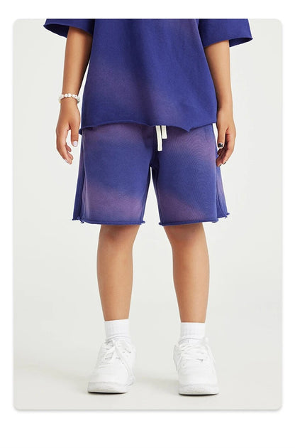 Washed Knee Length Loose Edge Gradient Unisex Shorts