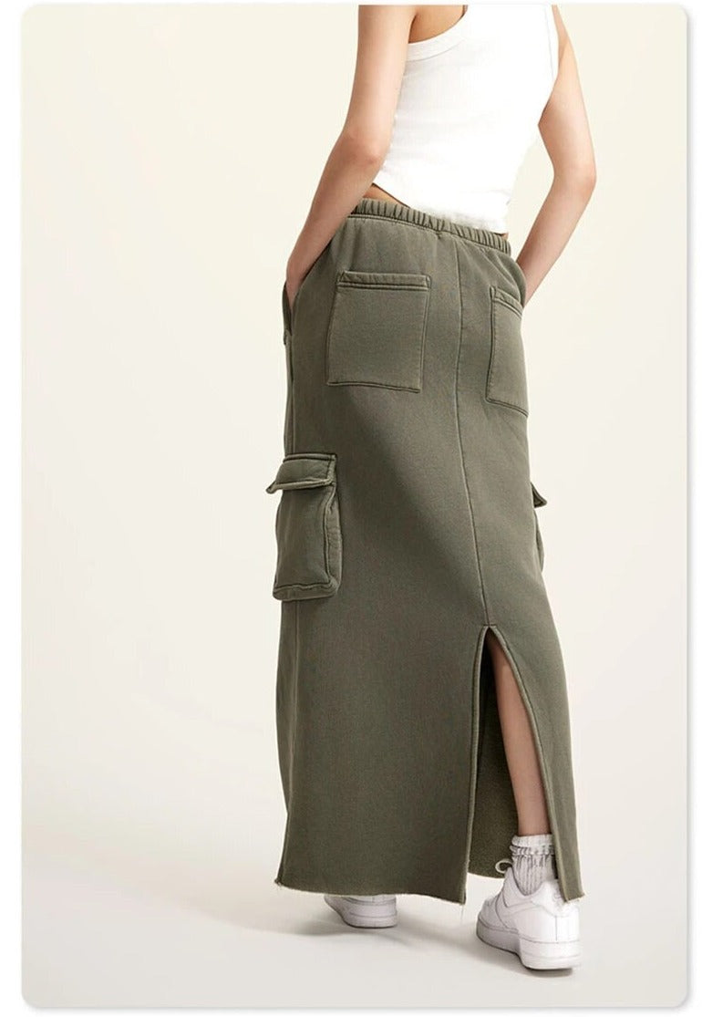 Retro Vintage Washed Fleece Long Skirt