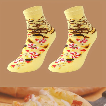 A pair of unique colorful pizza-patterned socks