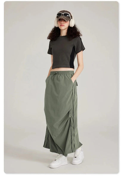 Instant Pleated Split Woven Long Skirt