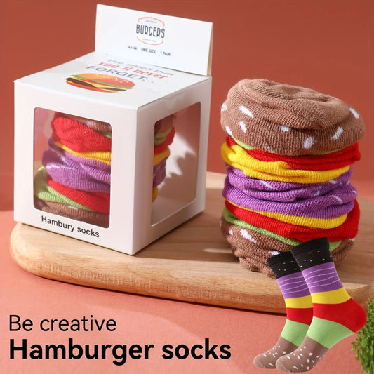 A unique pair of hamburger-patterned socks