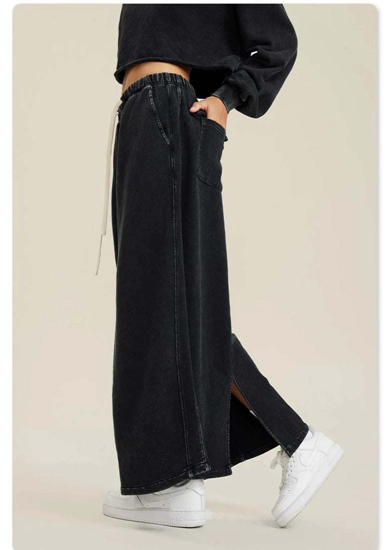 Washed Cotton Loose Slit Long Skirt