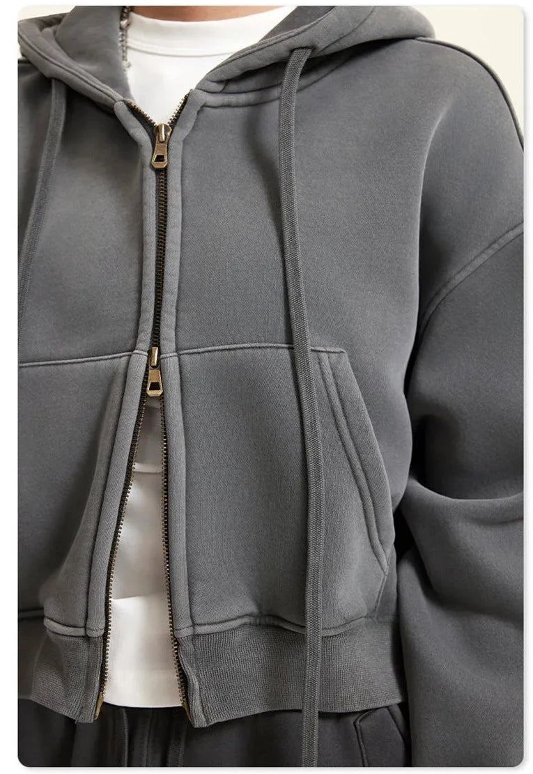 Thick Fleece Cropped Zipper Hoodie