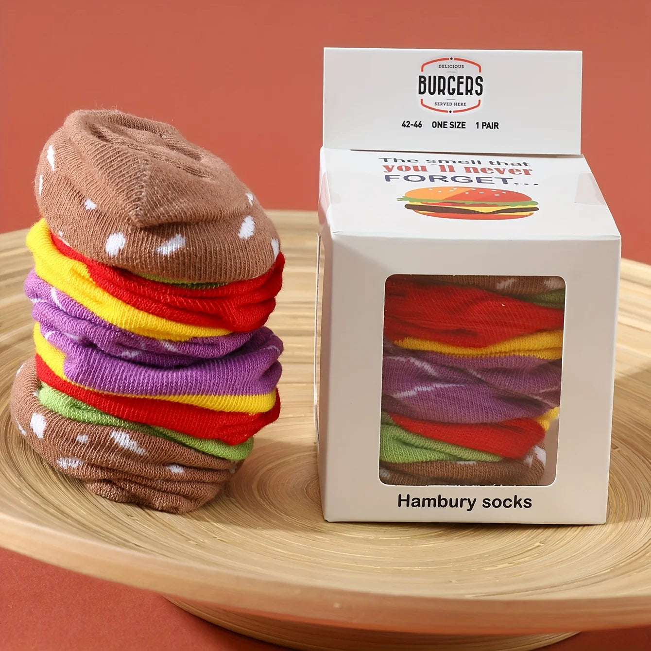 A unique pair of hamburger-patterned socks