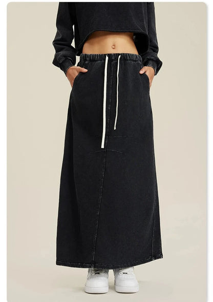 Washed Cotton Loose Slit Long Skirt