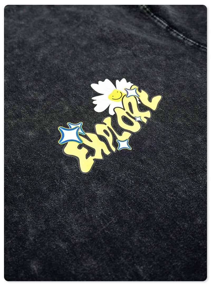 Flower Print American Retro Unisex Washed Cotton T-Shirt