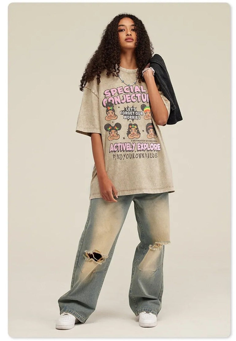 Special Conjecture Vintage Unisex Oversized Washed Cartoon Print T-Shirt