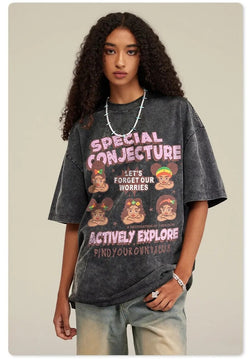 Special Conjecture Vintage Unisex Oversized Washed Cartoon Print T-Shirt