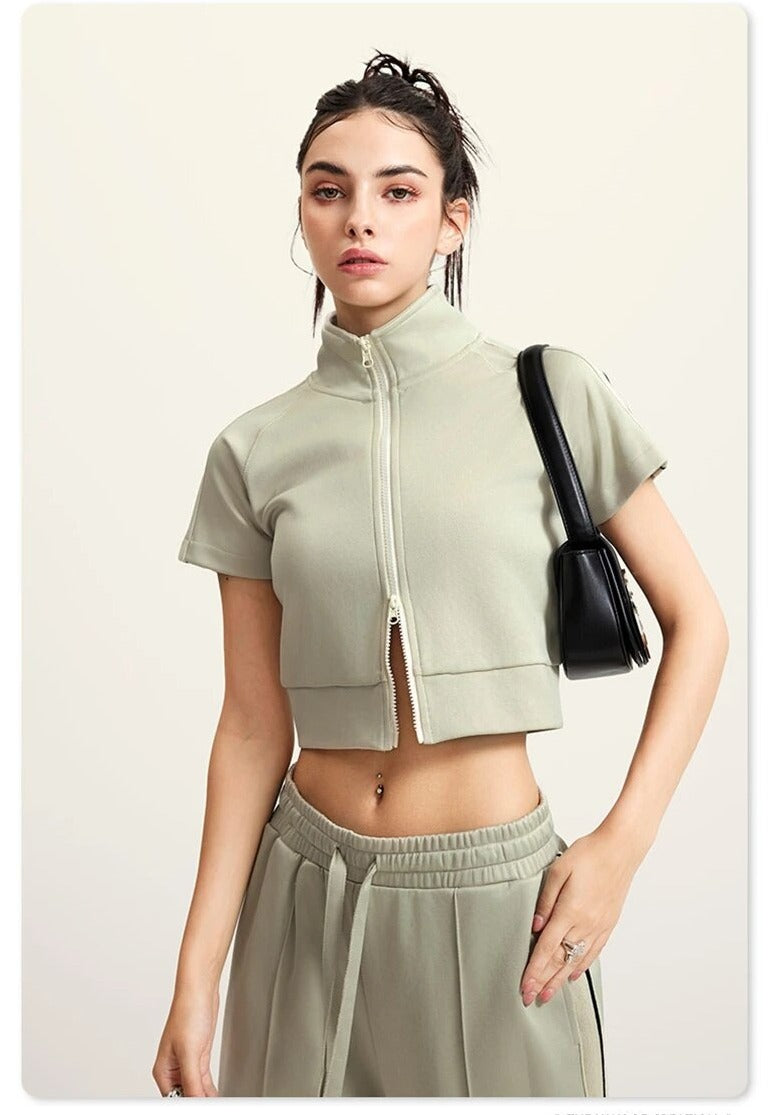 Crop Turtleneck Zipper Short Sleeve Jacket