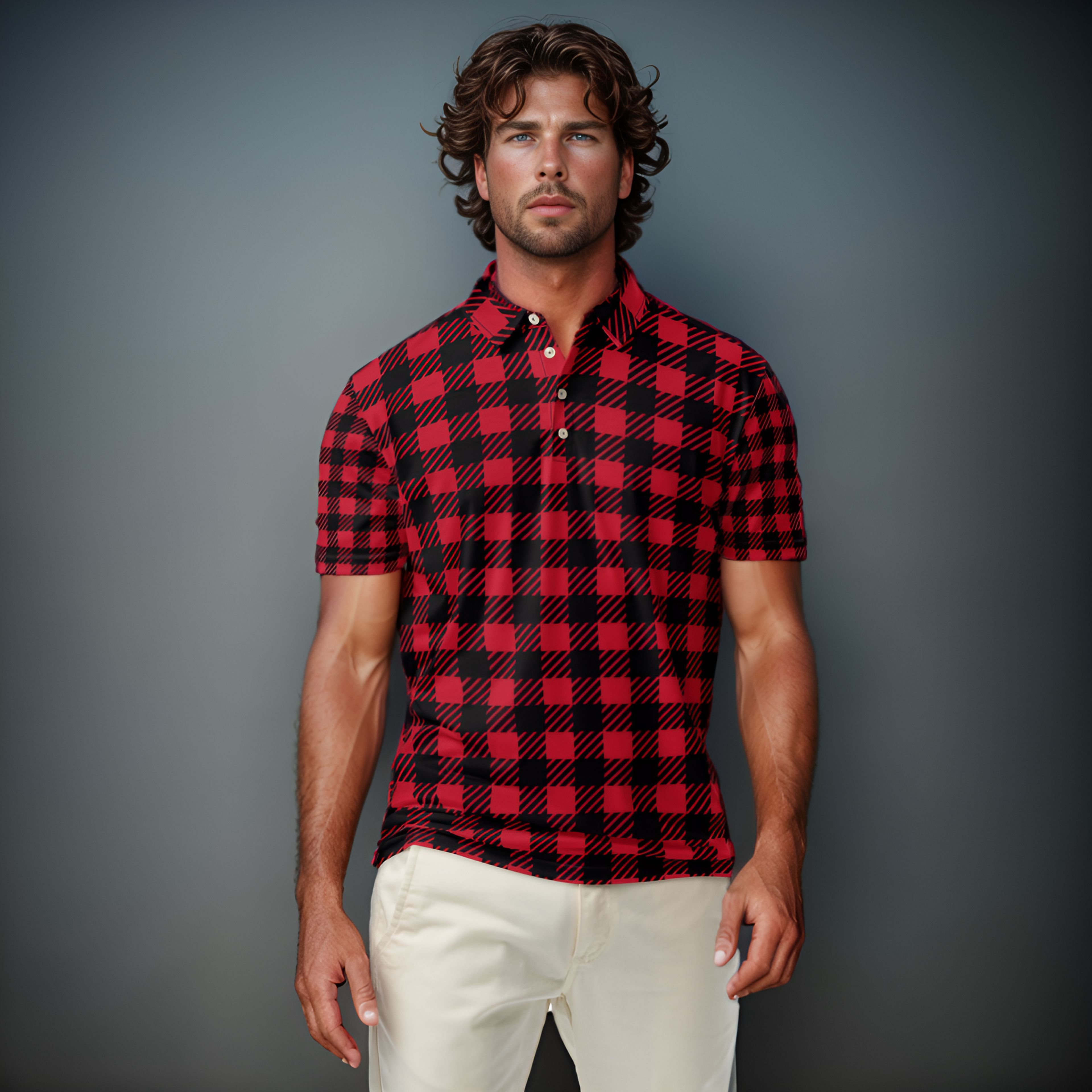 Black and Red Checker Print Men’s slim fit polo