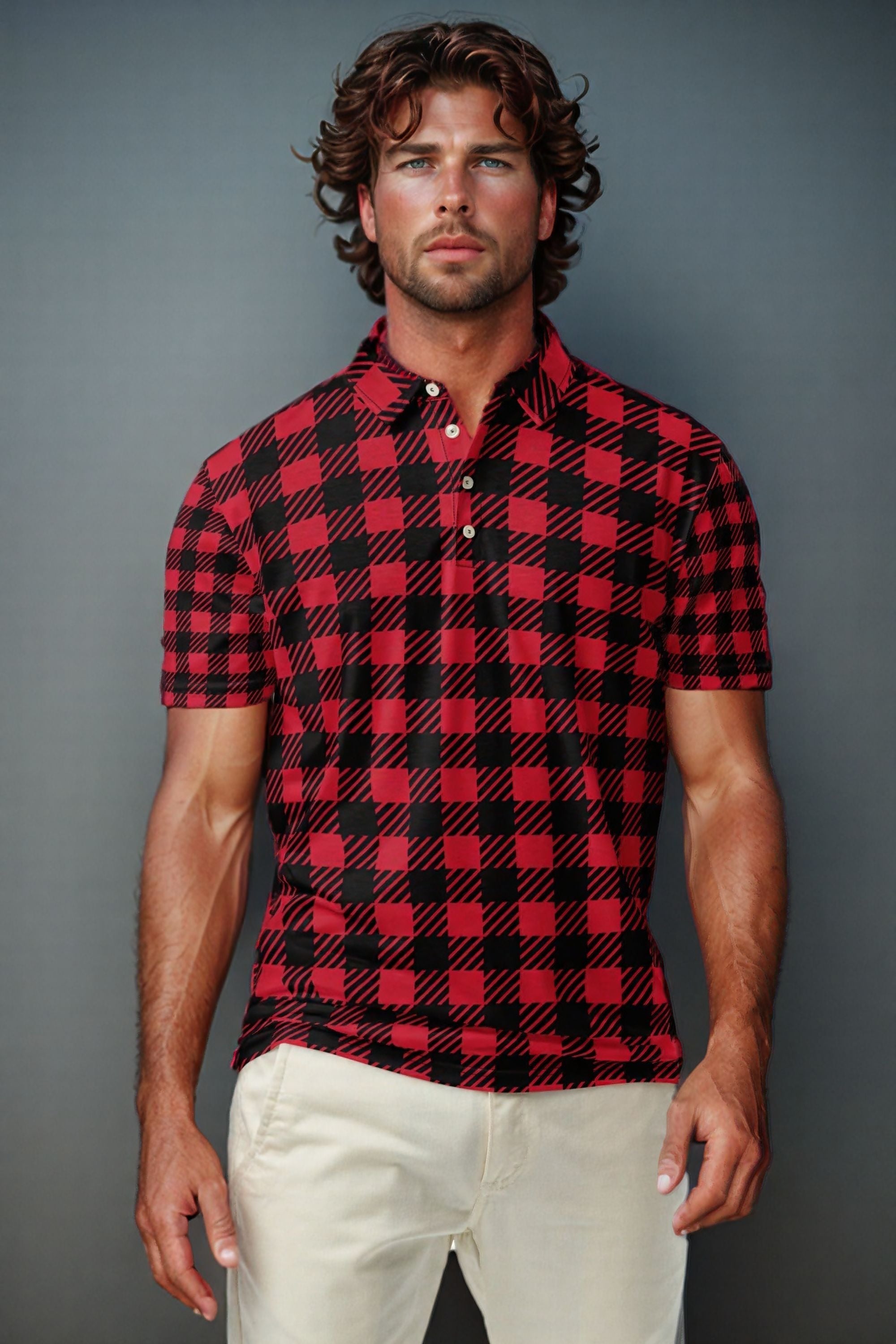 Black and Red Checker Print Men’s slim fit polo