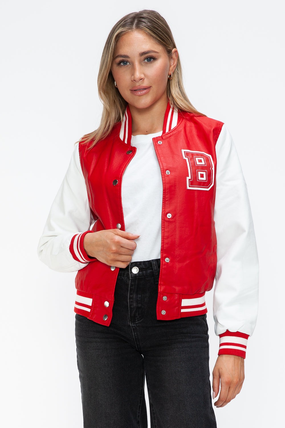 PU Leather Contrast Snap Down Bomber Jacket