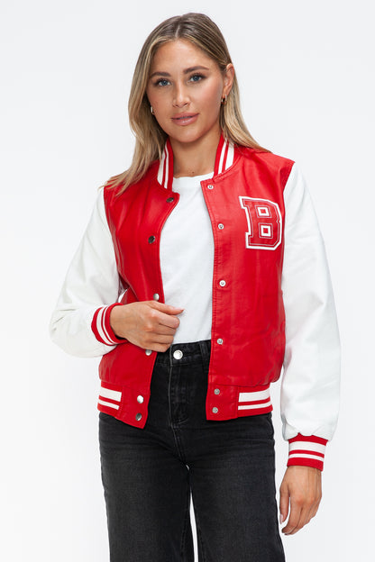 PU Leather Contrast Snap Down Bomber Jacket