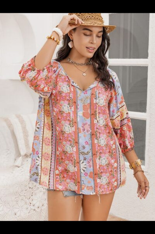 Plus Size Printed Tie Neck Balloon Sleeve Blouse