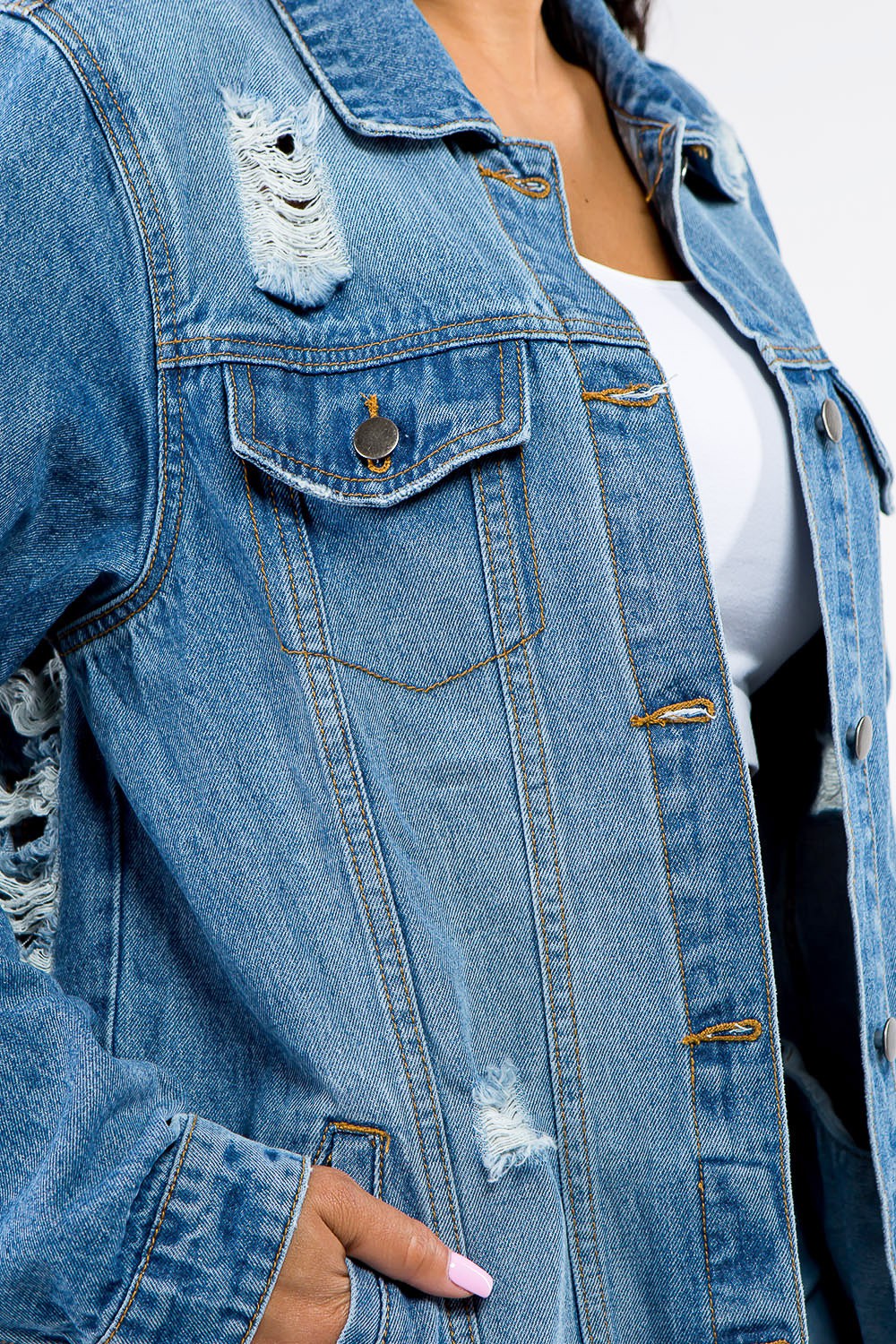 Button Up Distressed Denim Jacket