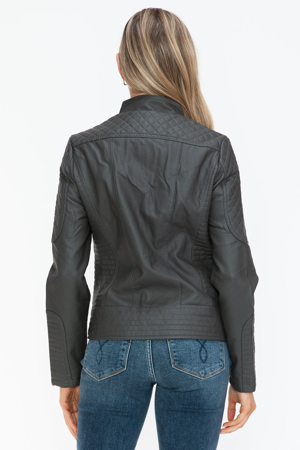 Faux Leather Zip Up Mock Neck Jacket